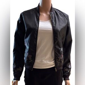 Guess Black Satin Floral Zipper Bomber Jacket Small